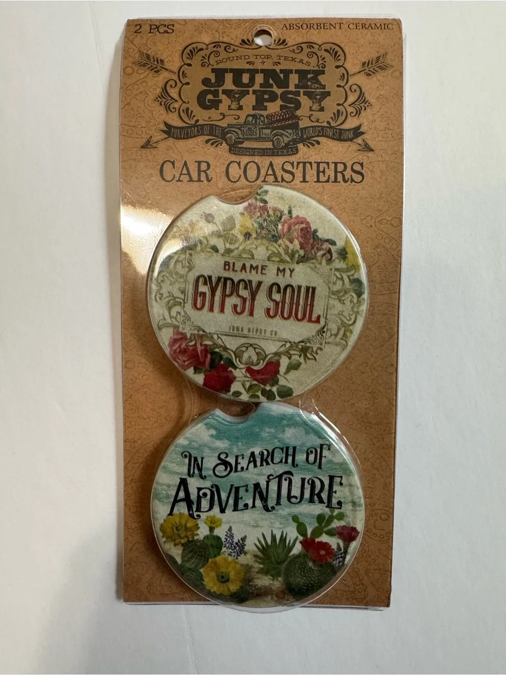 Junk Gypsy Car Coasters Set 2 Absorbent Ceramic Gypsy Soul Adventure WJG2137 NWT